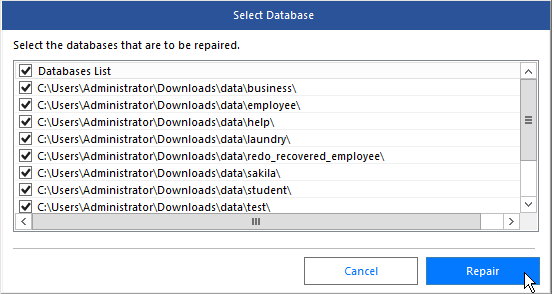 Select the database(s) to repair